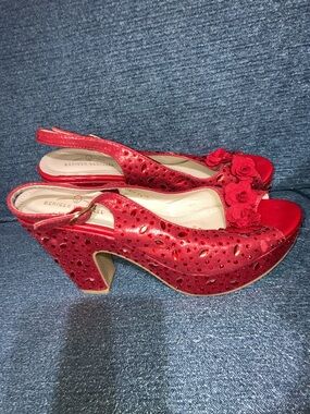 Red Slingback Peep-Toe Heels with Floral Trim